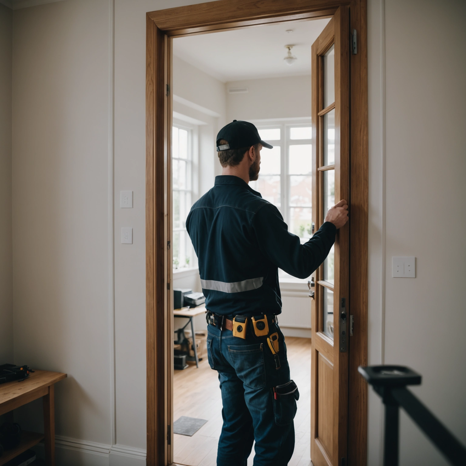 Professional installer fitting an entry door in a residential home