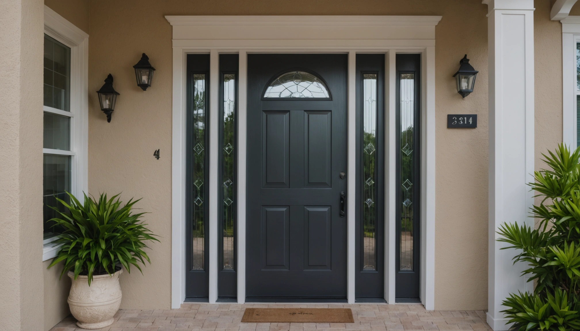 Close up of a stylish front entry door on a Florida home