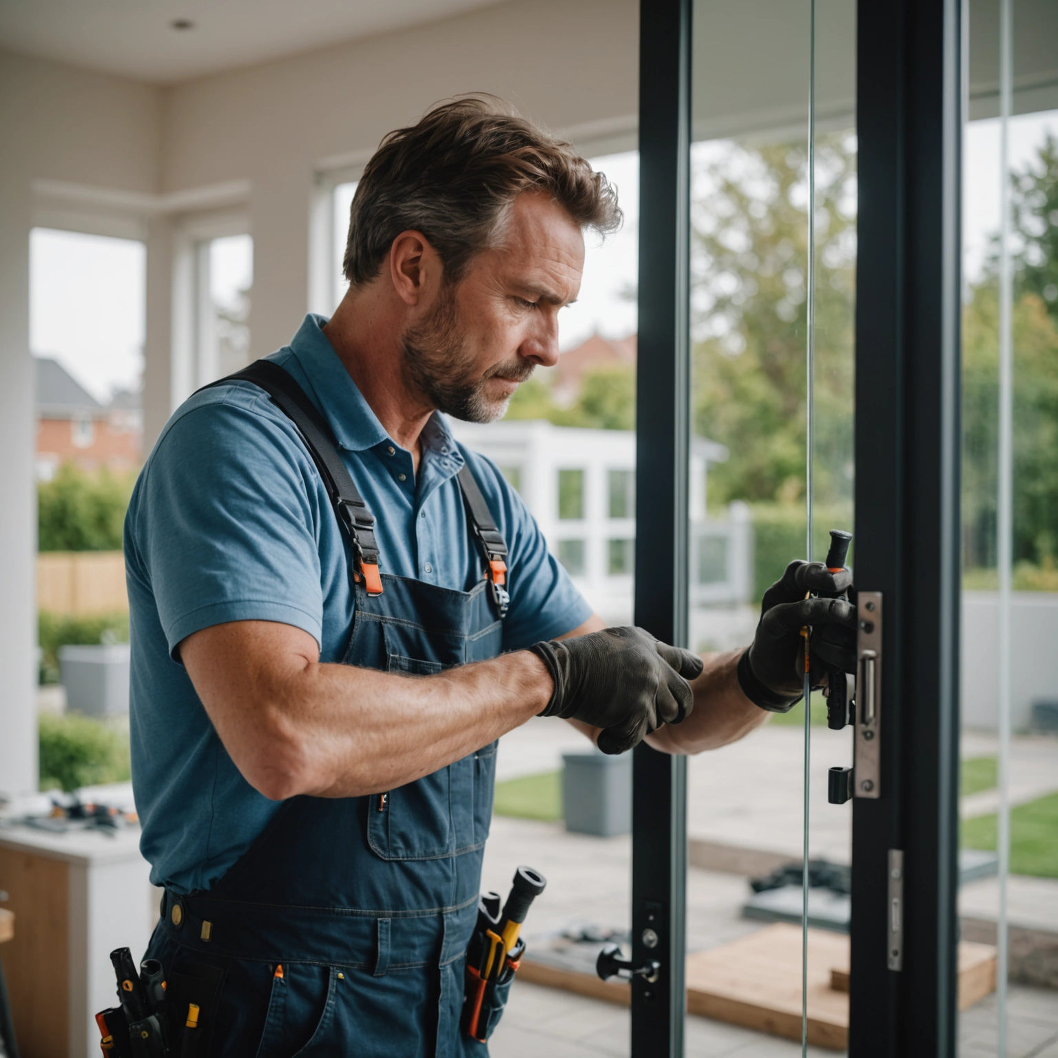 Installer aligning a sliding glass door in a residential opening