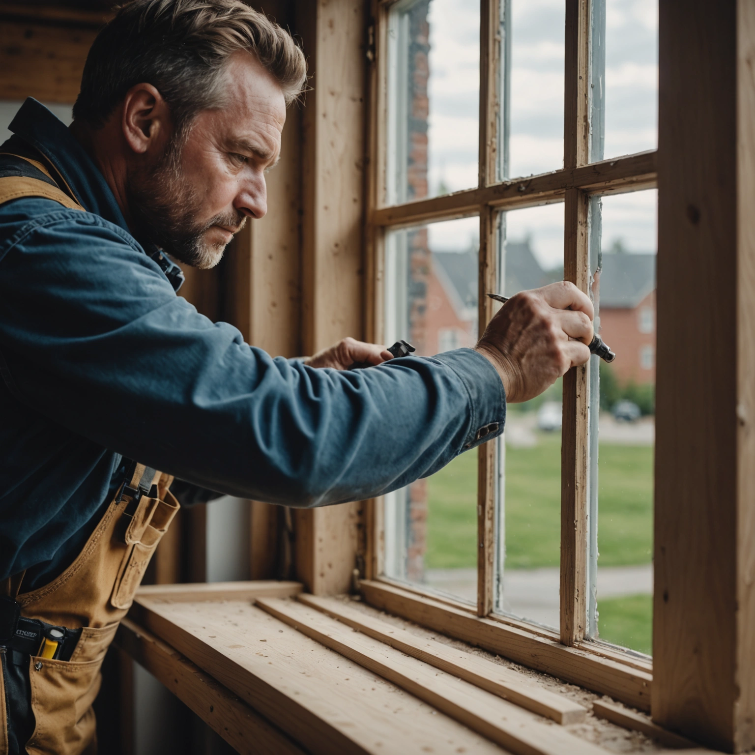 Installer carefully positioning a window into an opening