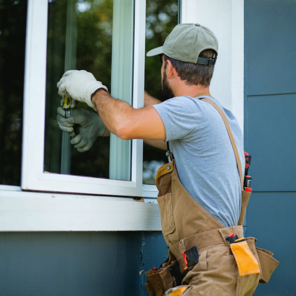 Professional installer carefully installing a window in a Sarasota home