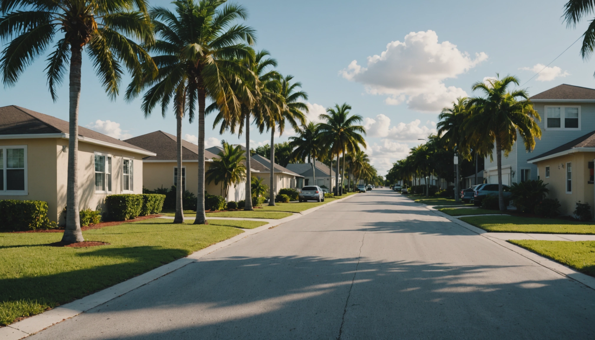 Modern homes on a sunny residential street in Fort Myers with palm trees