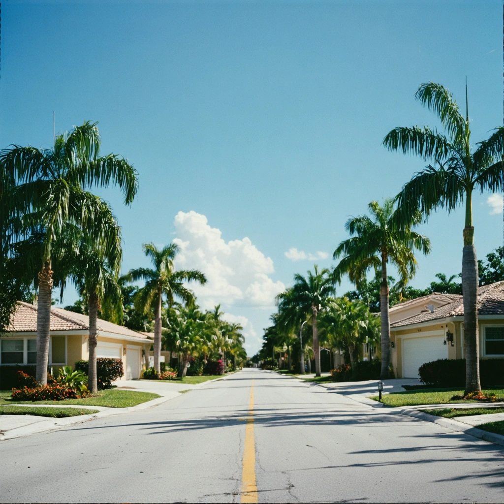 Residential street in Fort Myers with palm trees and renovated homes in daylight
