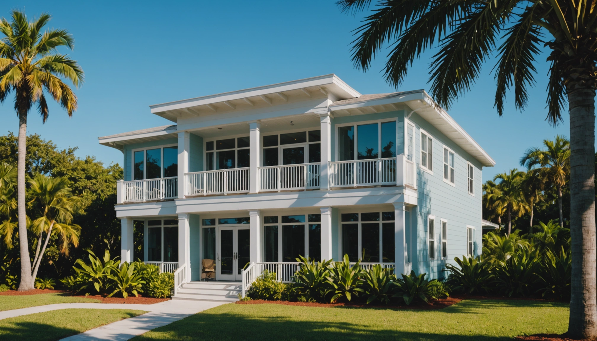 Sarasota home with modern architecture and tropical landscaping under a blue sky