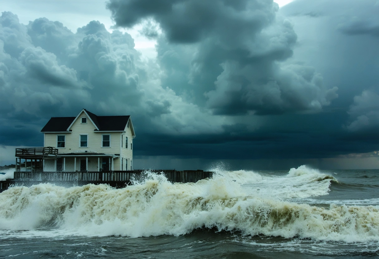 Coastal home with flood barriers, storm clouds overhead, highlighting hurricane protection measures.