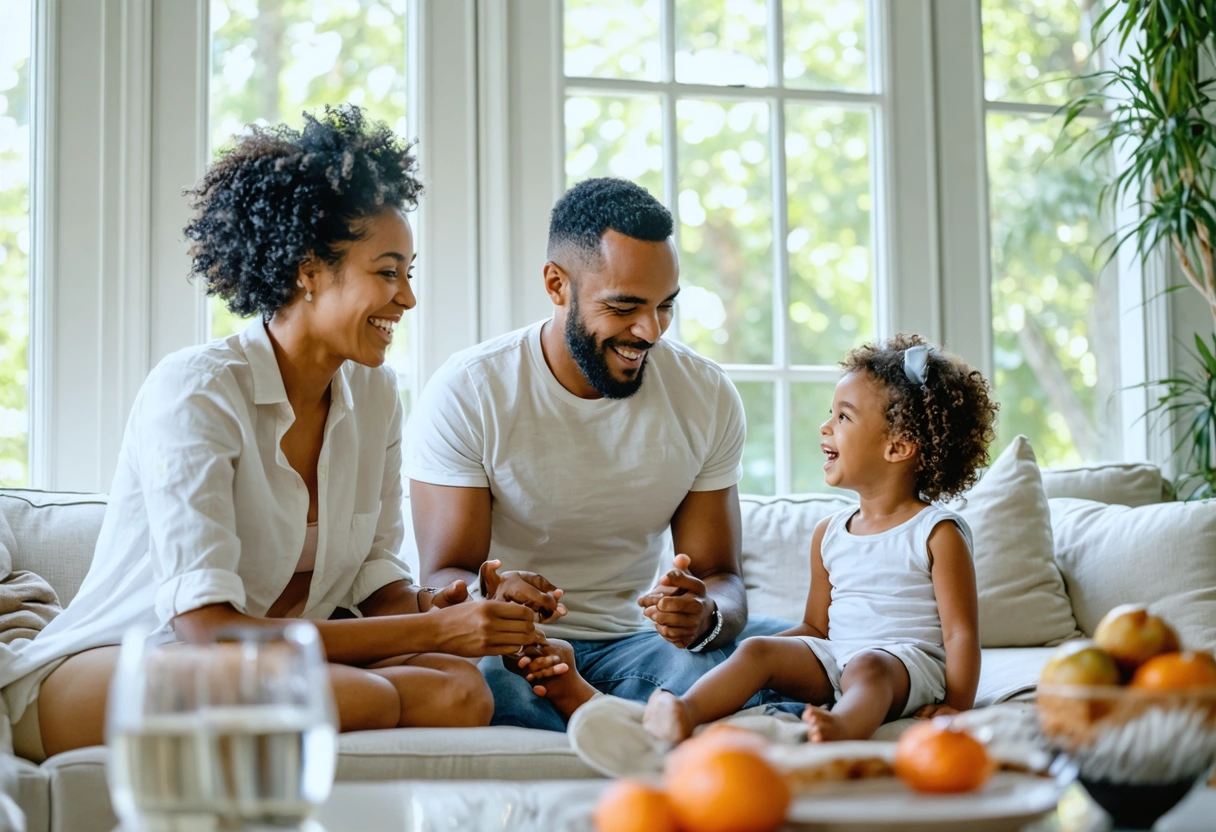 Family enjoying bright space with energy-efficient windows, highlighting comfort and savings.