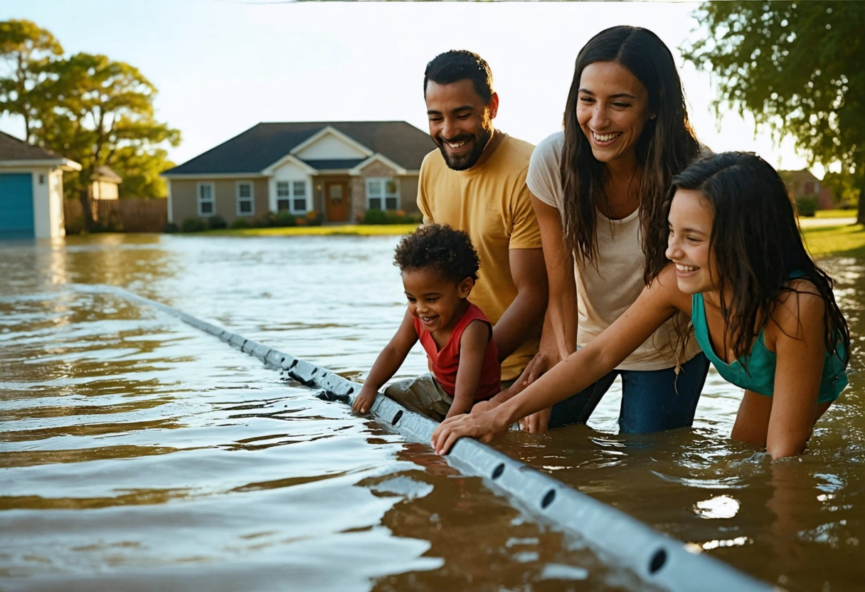 A family looking at a flood barrier protecting their home, smiling, feeling relieved, sunny day,