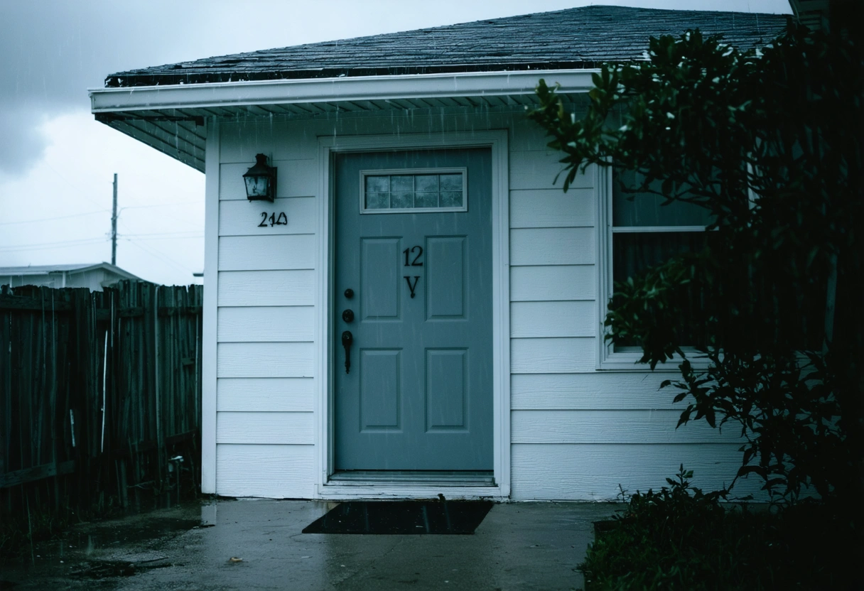 Florida home in storm with sturdy door resisting strong winds and heavy rain.