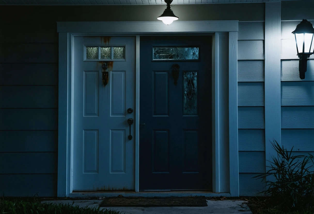 Worn front door in Sarasota with stormy sky, revealing cozy, energy-efficient interior.