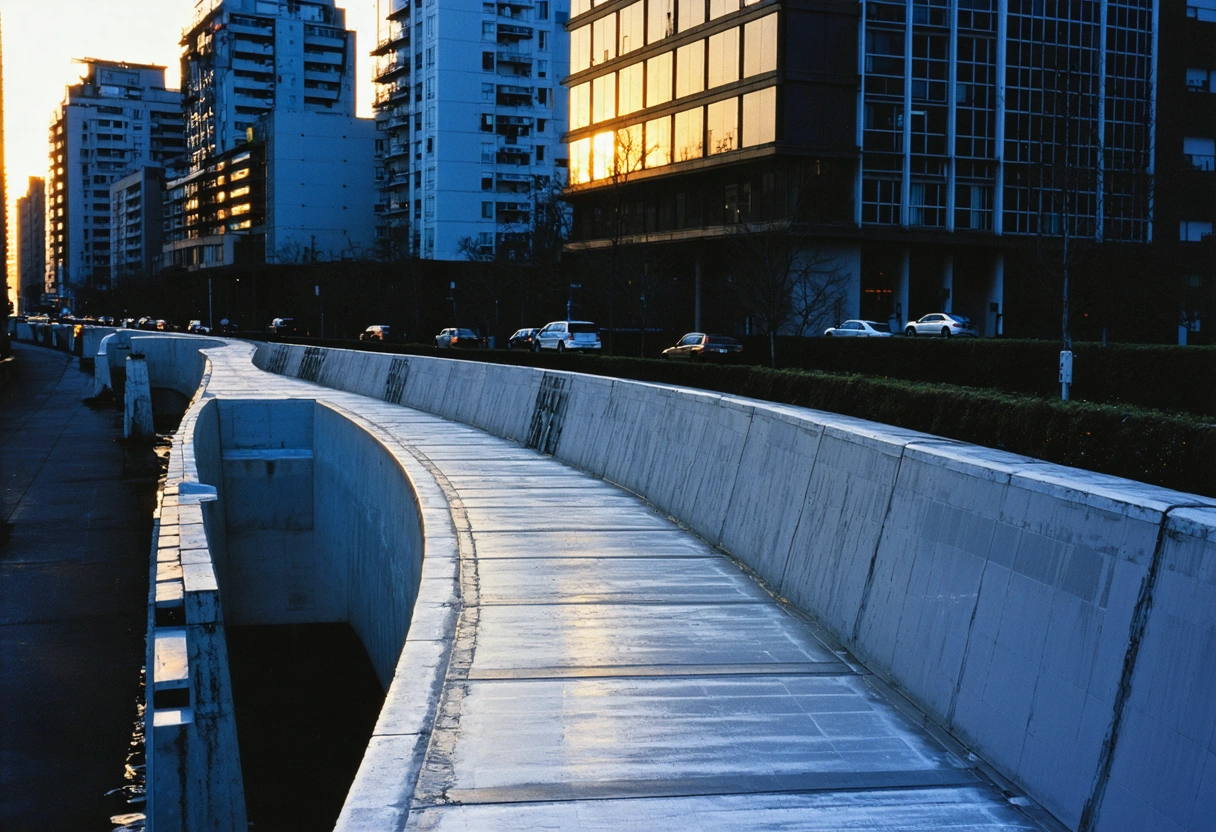 A futuristic cityscape with advanced flood barriers integrated into urban design, sunset lighting, optimistic mood,