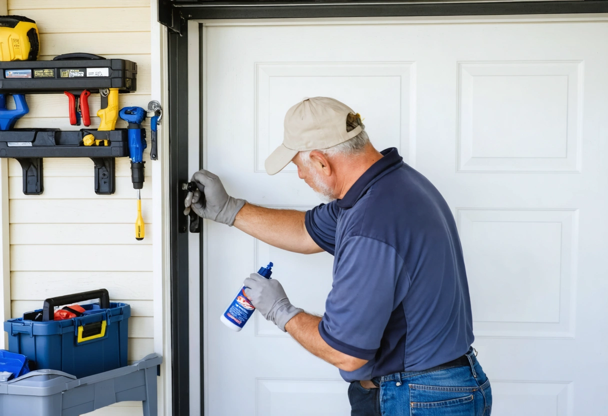 A homeowner applying silicone lubricant to a squeaky door hinge, with a toolbox nearby. The