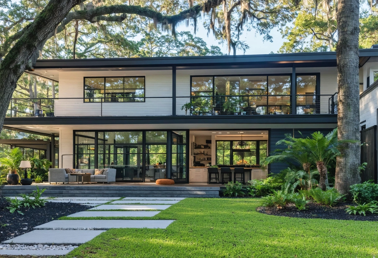Modern Sarasota County home with energy-efficient windows, sunlight, lush garden, showcasing comfort and sustainability.