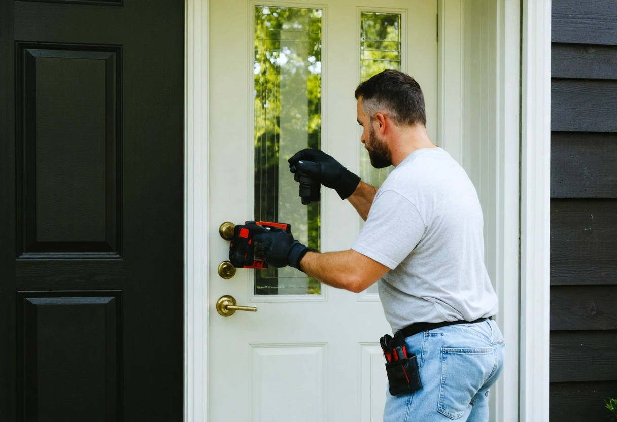 A professional inspecting an entry door, using tools to check for hidden moisture issues. The