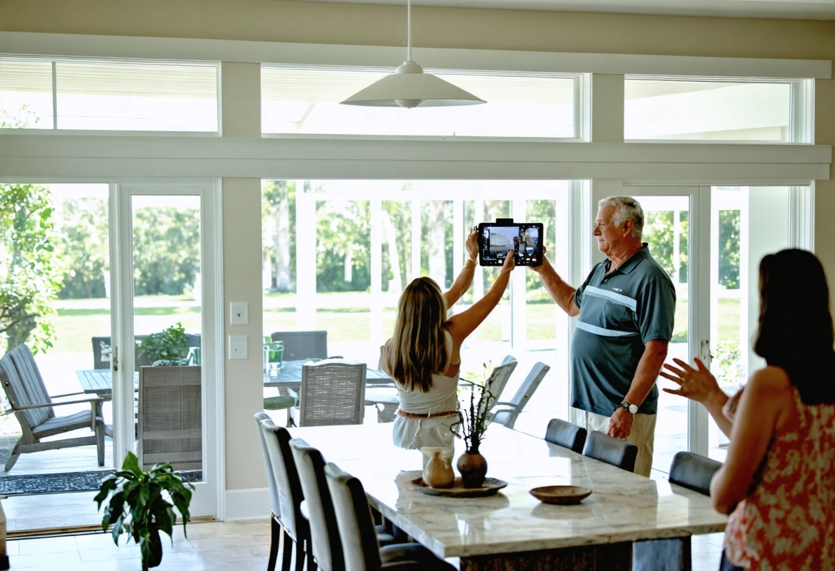 Realtor showing clients energy-efficient windows in Sarasota home, modern interior.