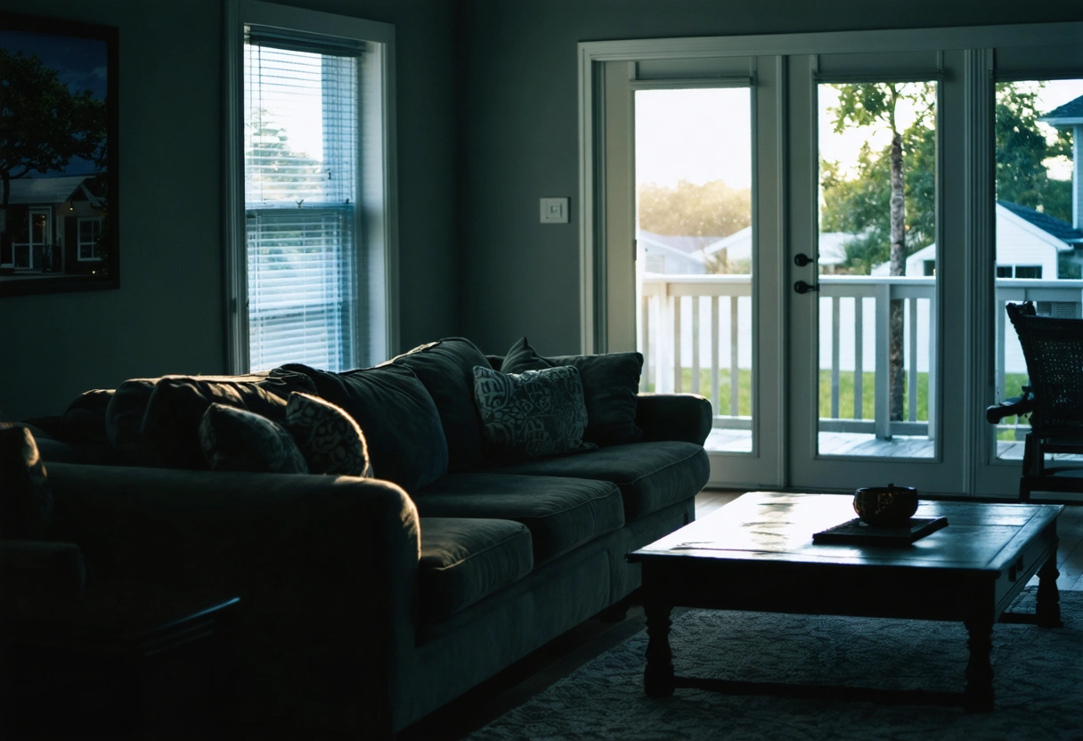 Serene Sarasota living room with energy-efficient windows, illustrating noise reduction.