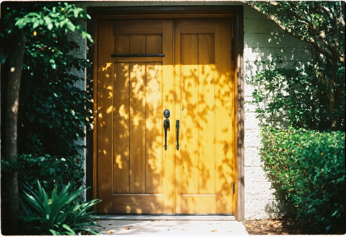 A wooden entry door slightly ajar, showing seasonal effects like swelling during a humid Florida