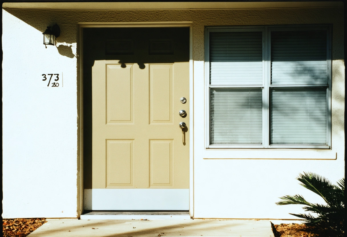 An entry door with a protective finish, standing resilient against a bright Florida sun. Storm