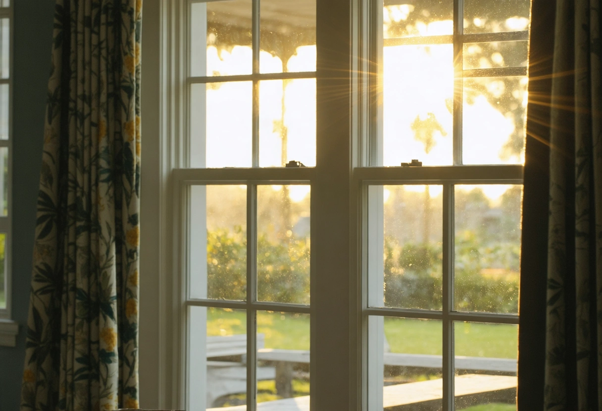 Low-E coated window reflecting sunlight, vibrant scenery, highlighting energy efficiency.