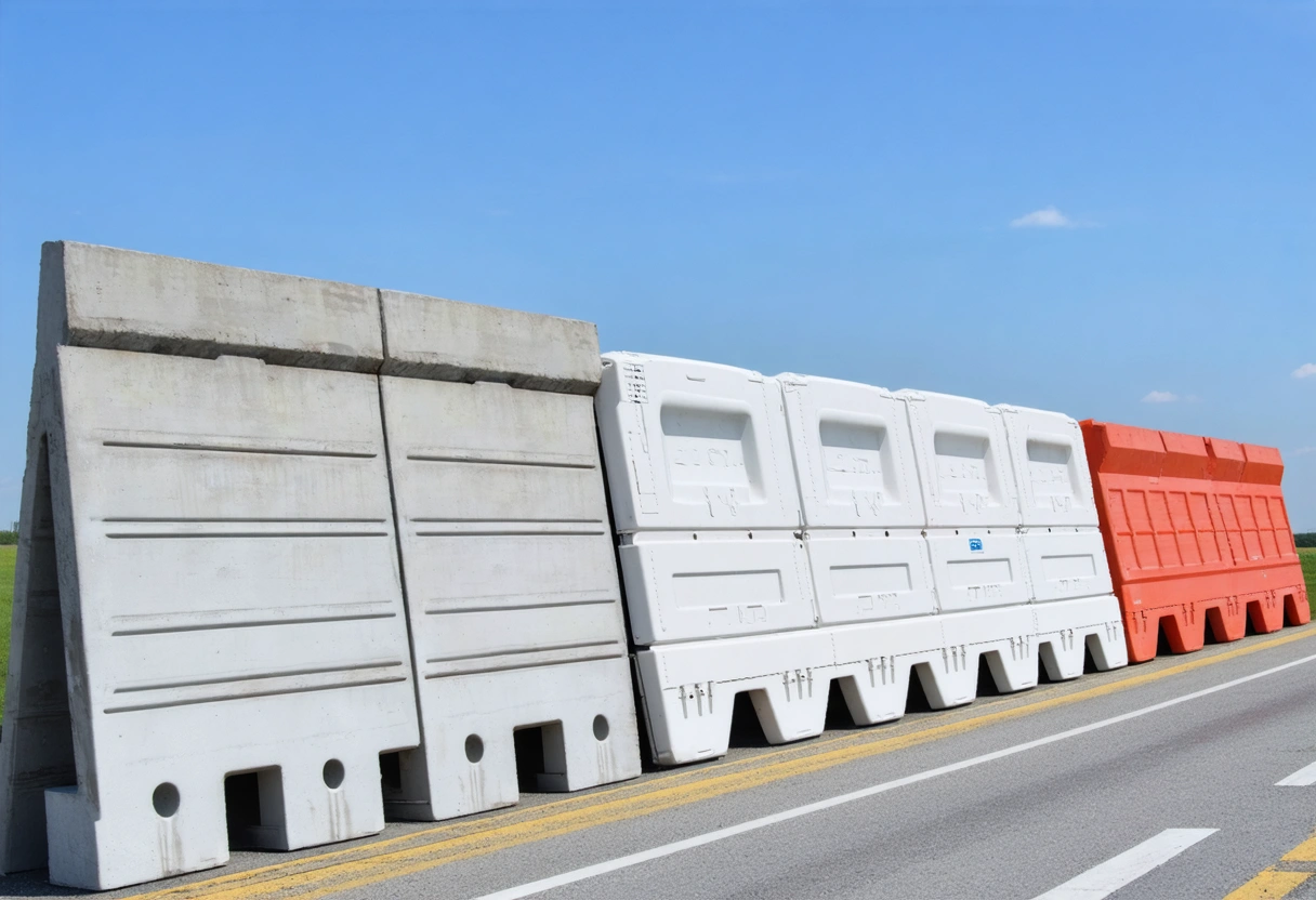 Close-up of various flood barrier types: permanent concrete, temporary barriers, deployable systems, arranged in a