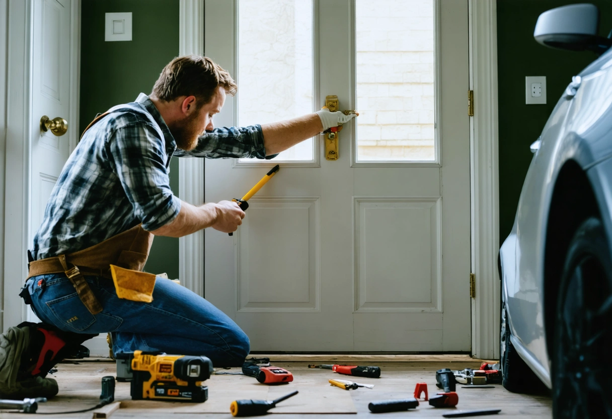 A frustrated homeowner attempting to install a door with misaligned hinges and tools scattered around.