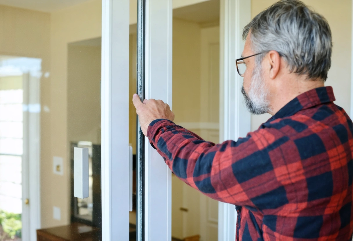 Homeowner applying weatherstripping to sliding glass door, focused on hands and frame
