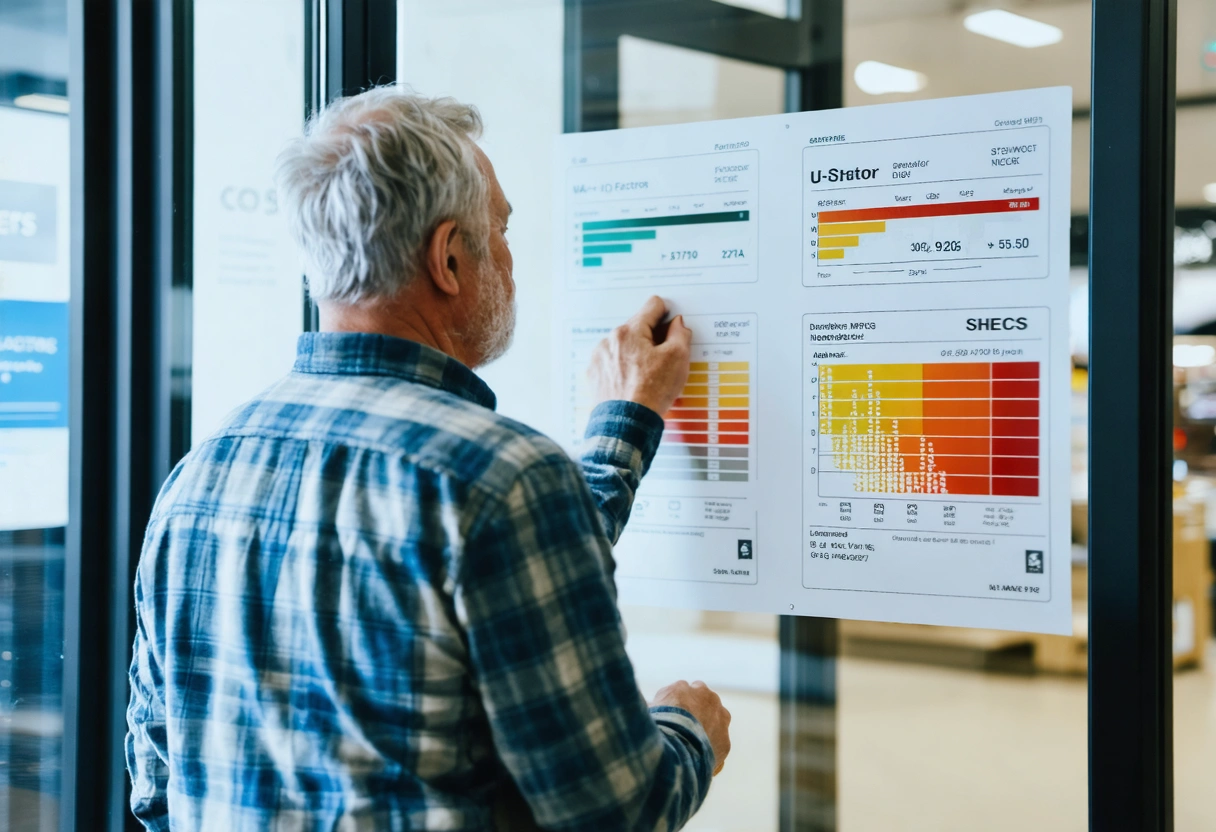 A homeowner examining energy-efficient window labels in a bright showroom. The window displays U-factor and