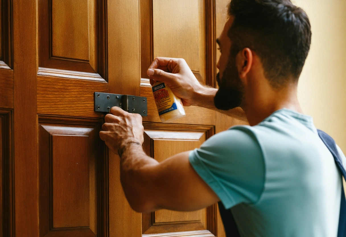 A homeowner maintaining a wooden door by applying lubricant to hinges and cleaning the surface.