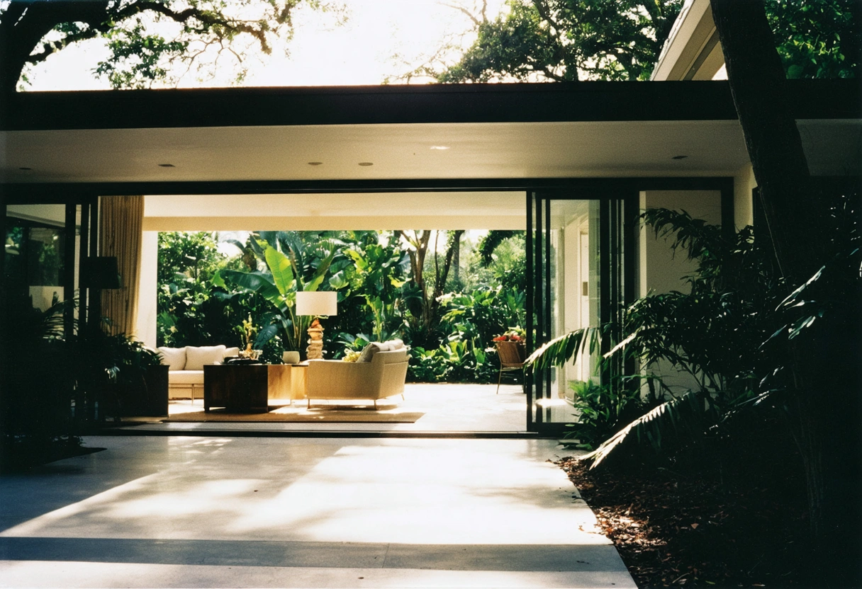 "Modern Florida home with sliding glass doors, sunlight, lush garden, bright and airy atmosphere."