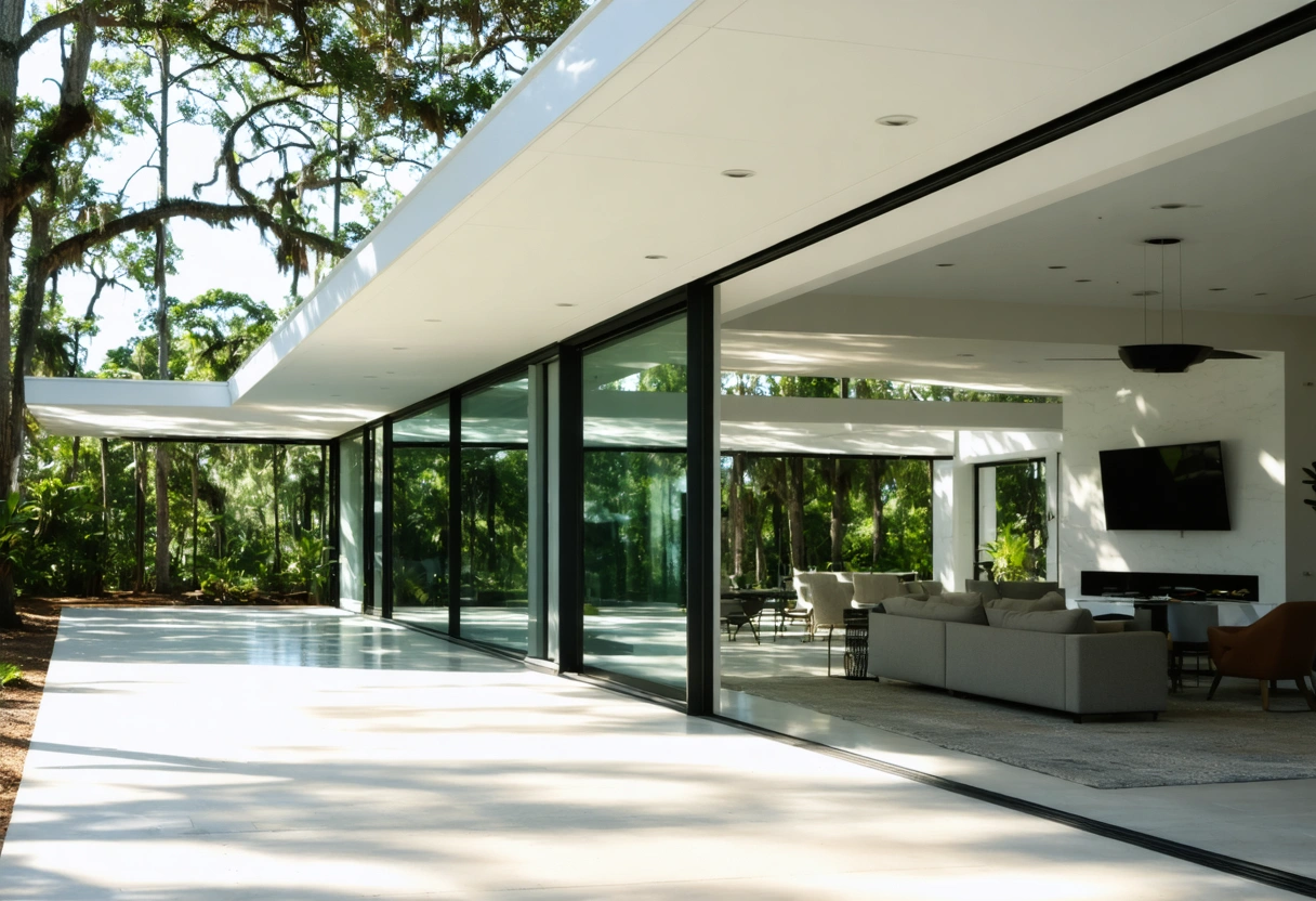 Modern Florida home with large energy-efficient windows reflecting sunlight on a bright day.