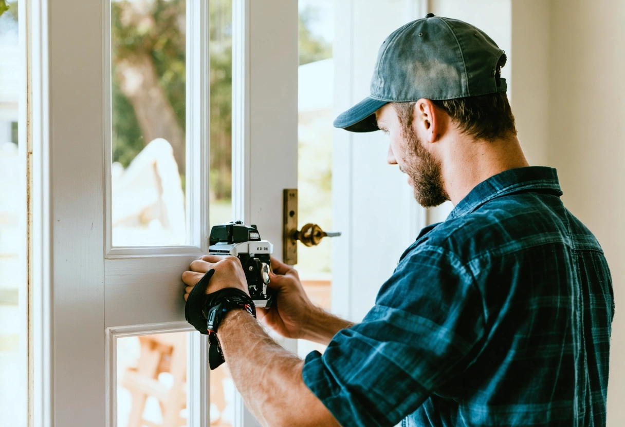 A professional installer fitting a door in a Florida home, focusing on precision and quality.