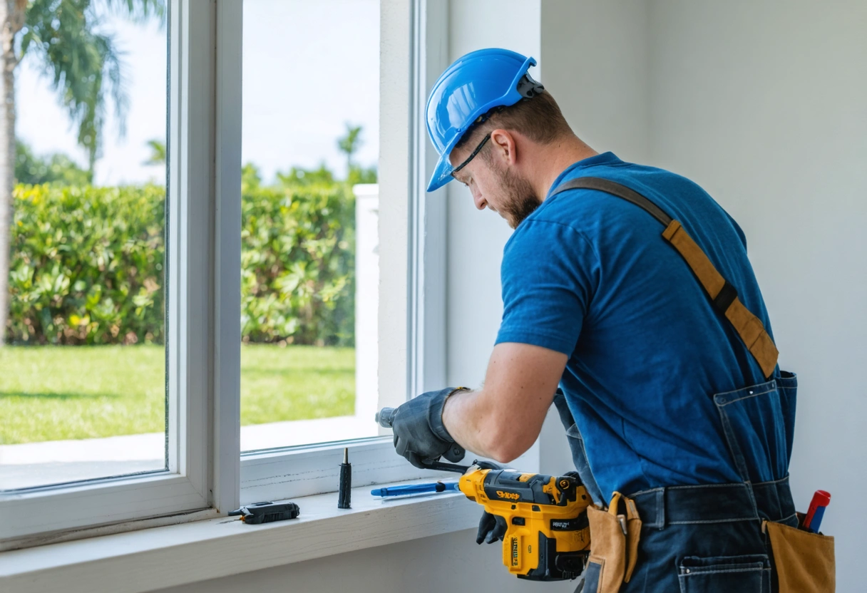 Installer fitting impact window in Florida home with tools and precision