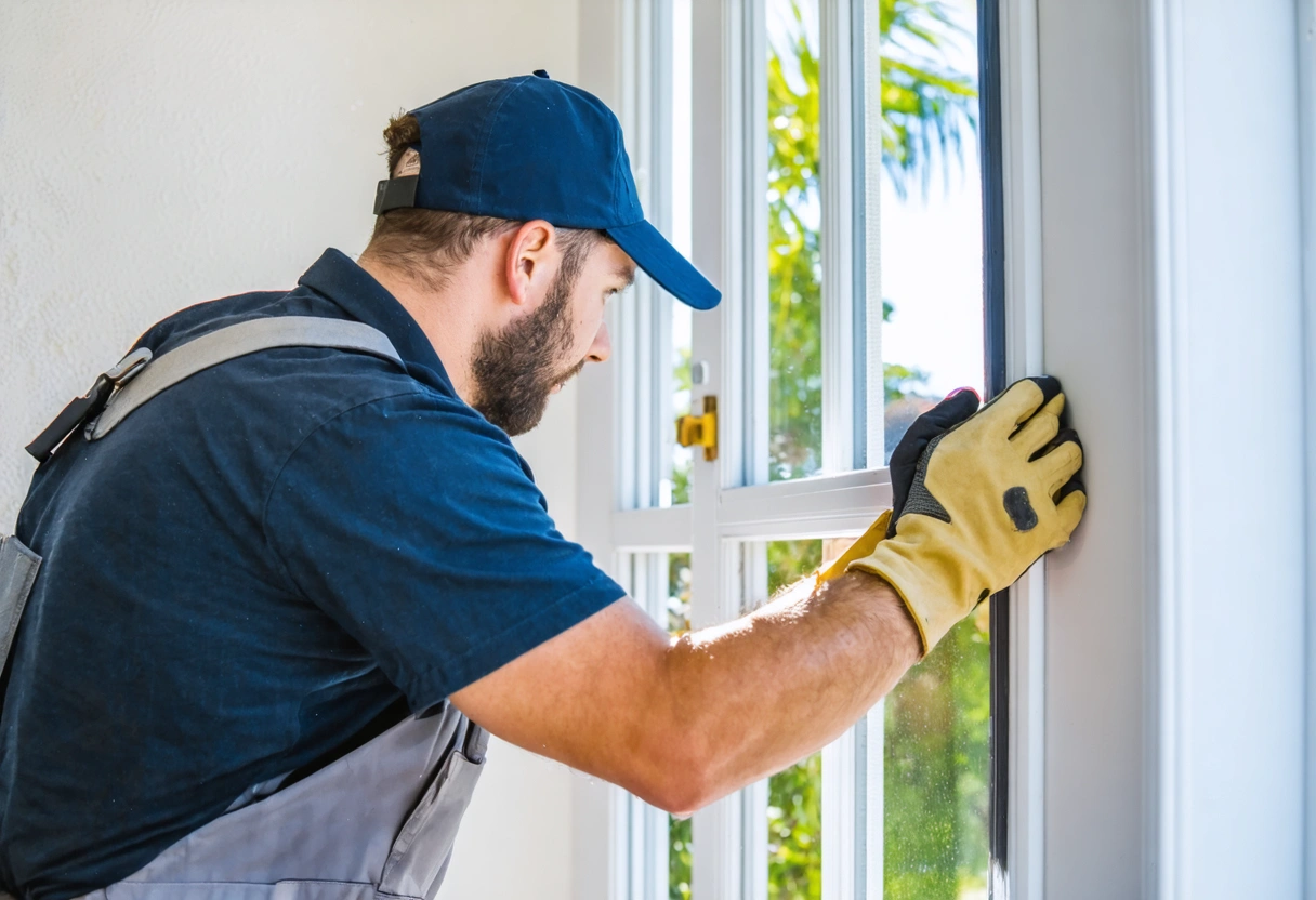 Technician expertly installing window in Florida home, emphasizing precision and sealing in daylight.