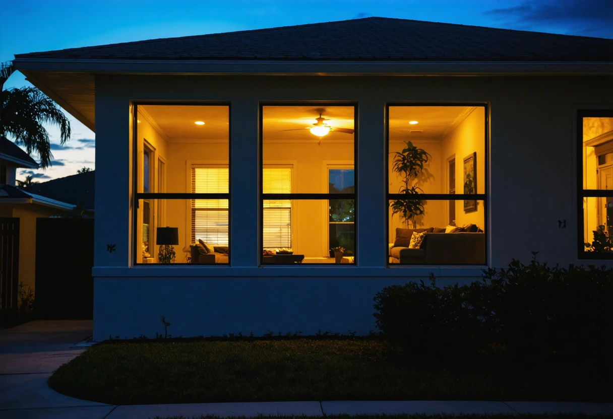 Impact window resisting forced entry, solid construction, secure evening mood