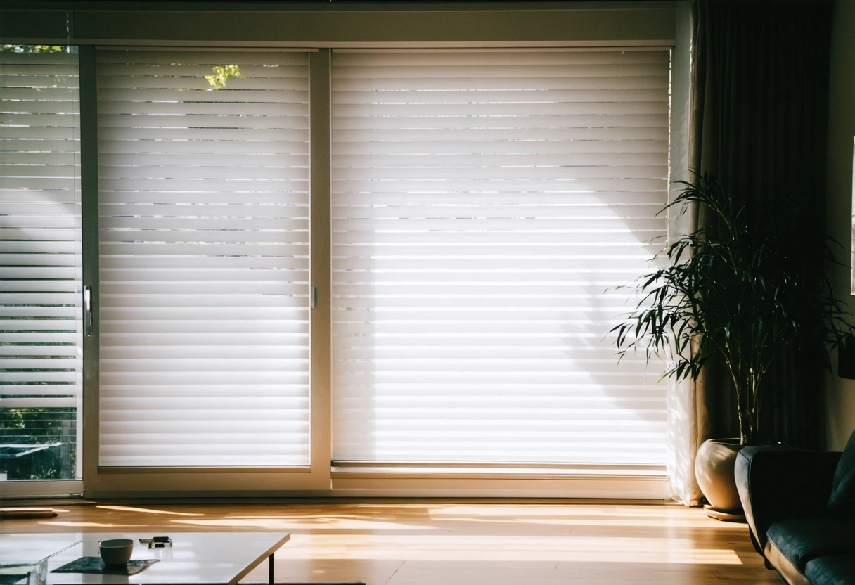 Smart home with motorized blinds on sliding glass doors, modern decor, sunny outside