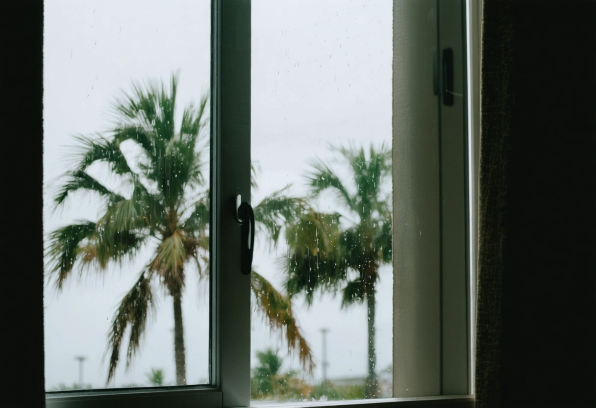 A sturdy, impact-resistant window in a Florida home, with palm trees swaying outside. The window