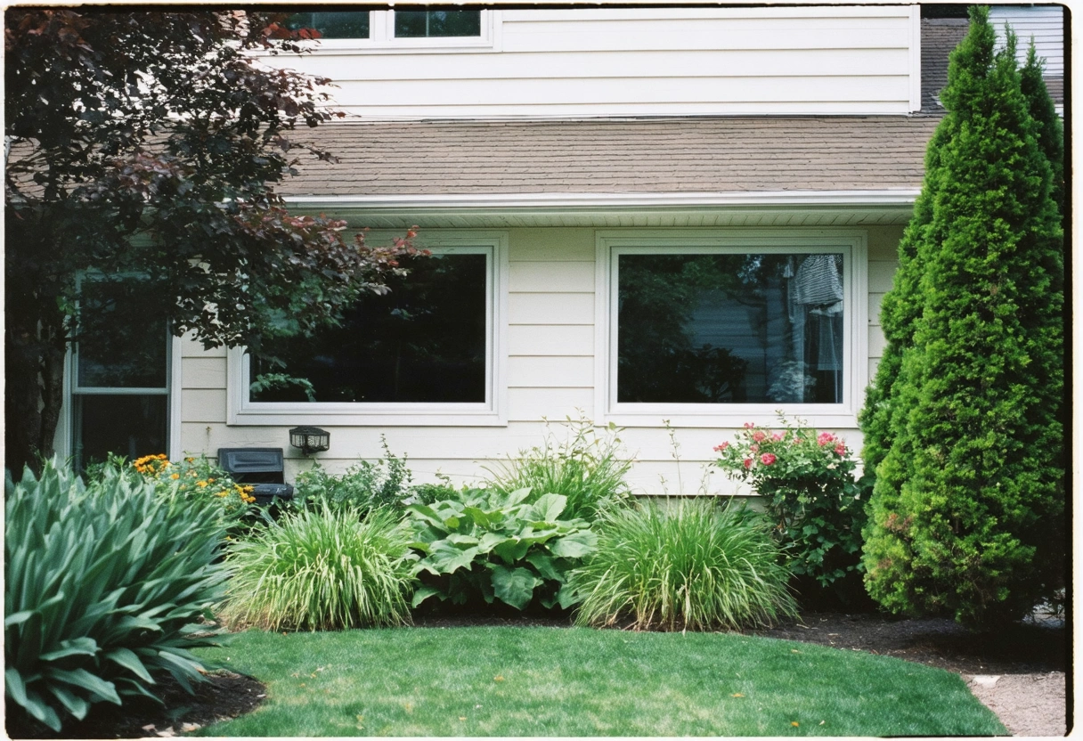 A stylish home exterior with energy-efficient windows, enhancing curb appeal. The windows are framed by