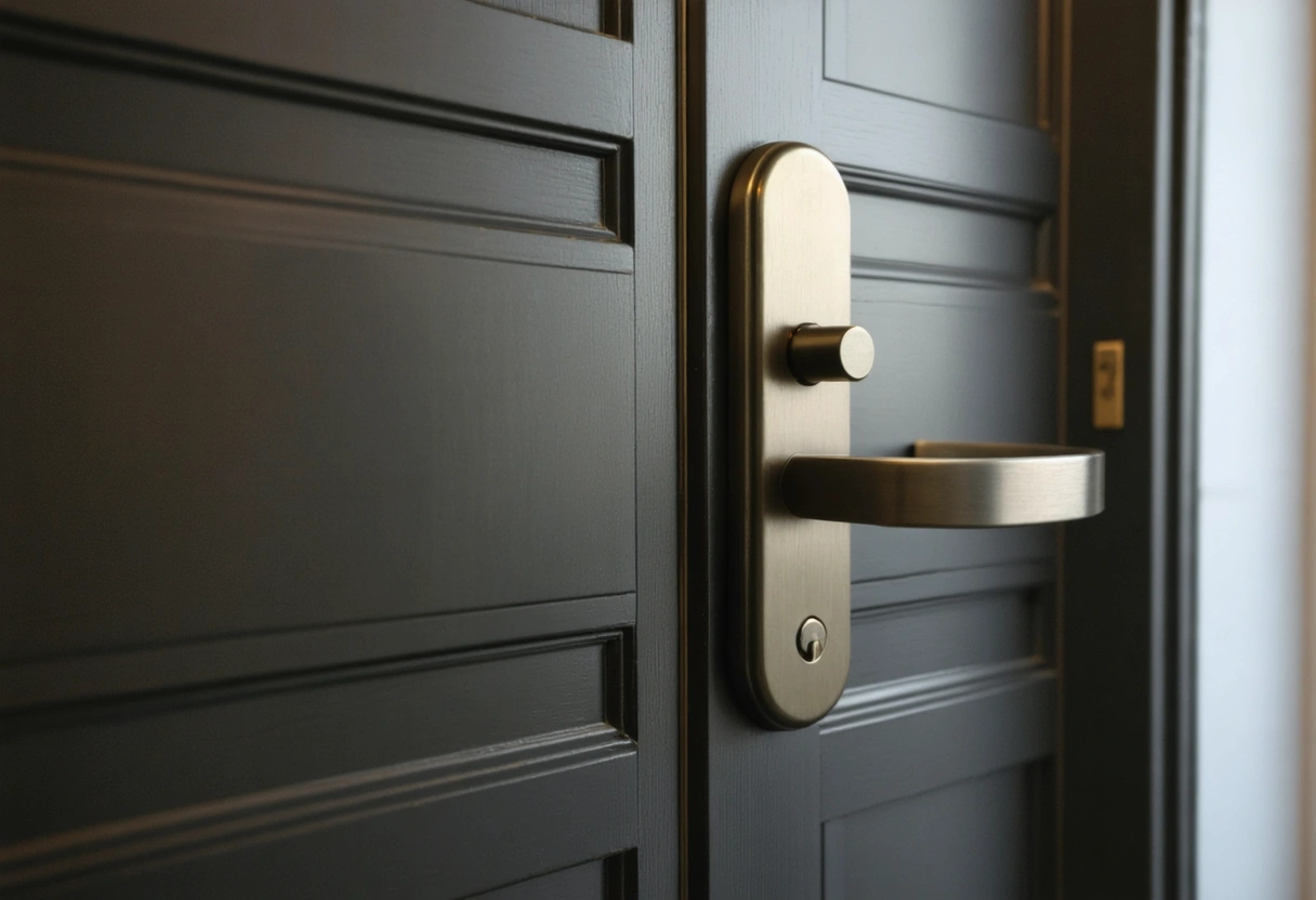 Close-up of a door with high-quality hardware, including a deadbolt and smart lock. The scene