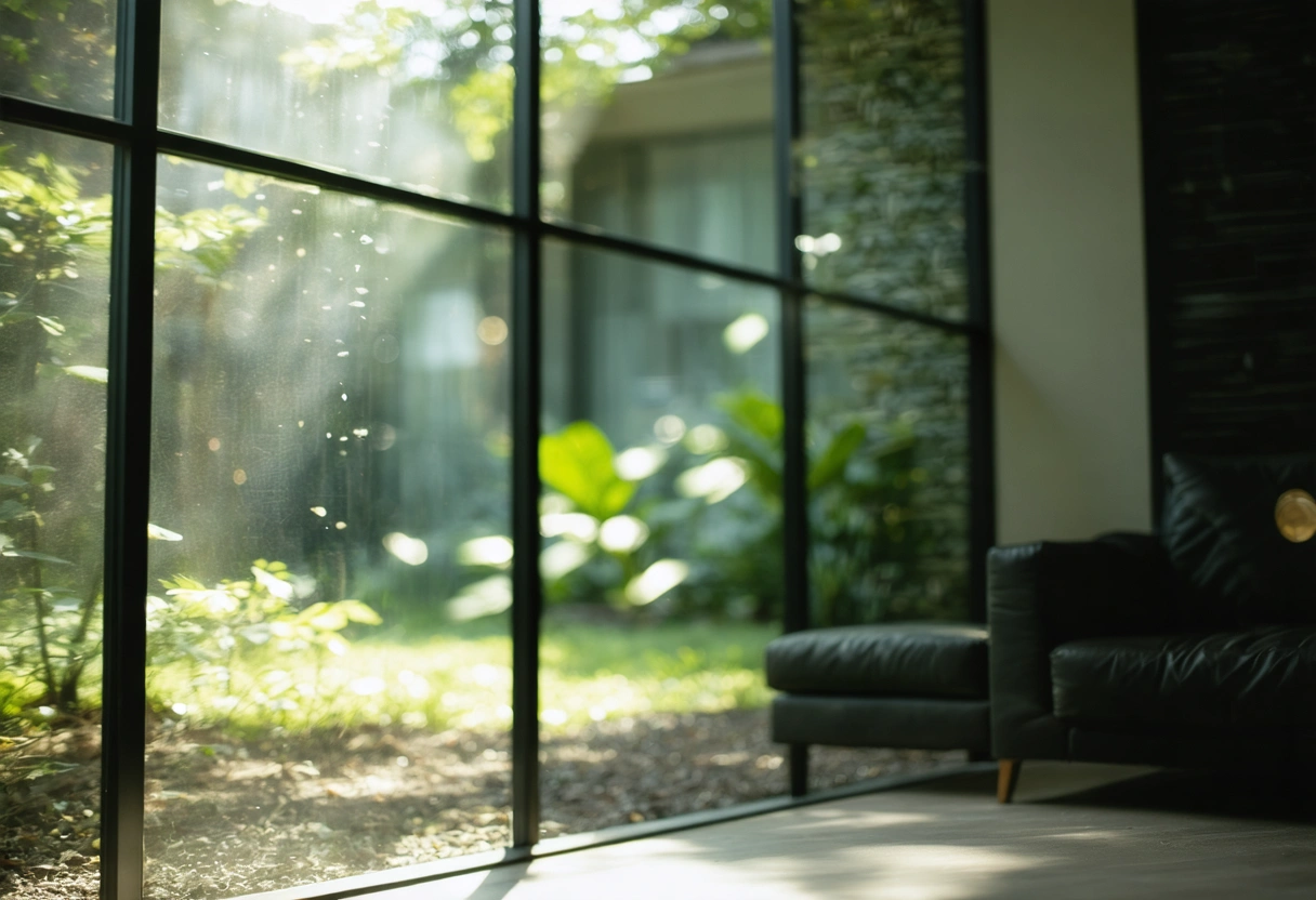 Close-up of a smart glass window in a modern home, adjusting tint as sunlight changes.