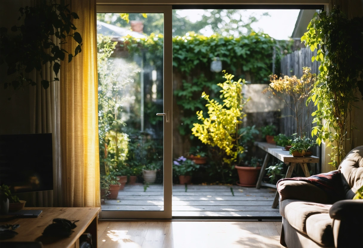 Sliding glass door with Low-E glass, vibrant garden outside, cozy interior visible
