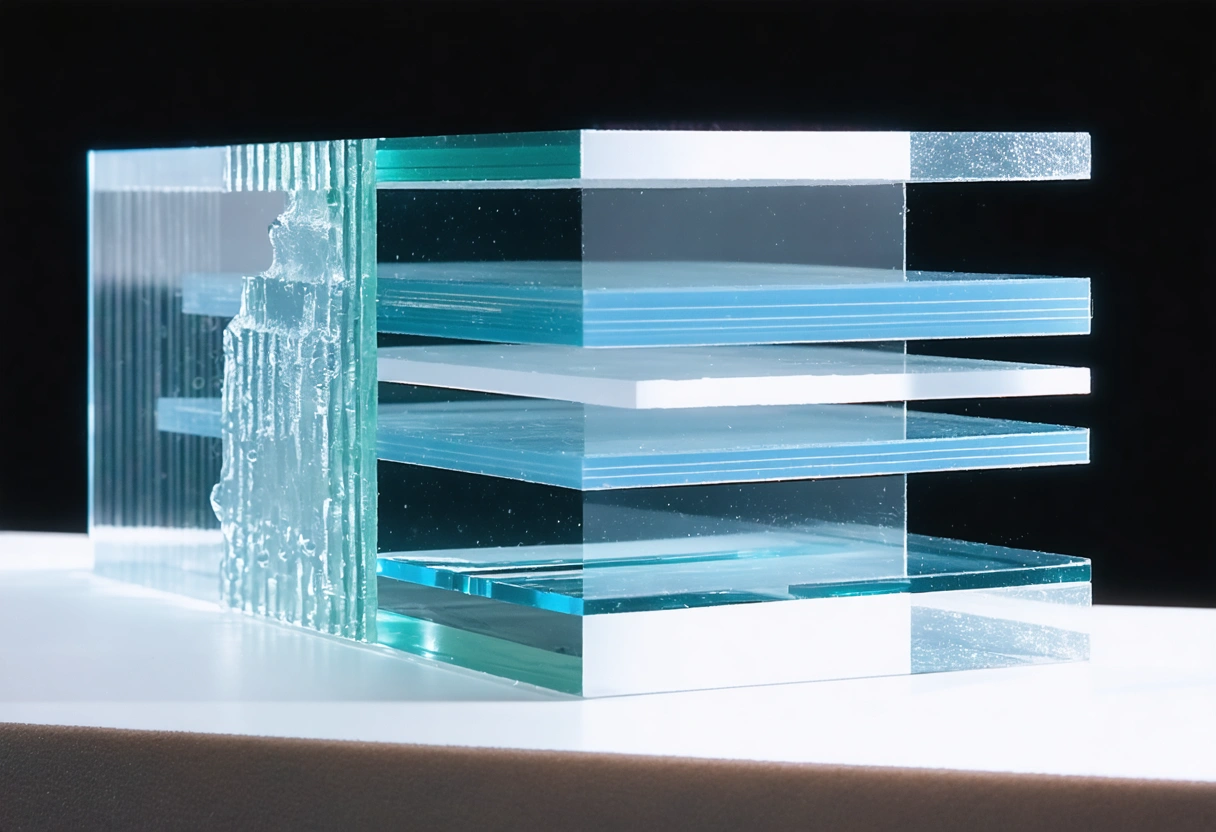 Cutaway view of high-impact window layers, showing glass and interlayer, scientific diagram style, bright lighting,