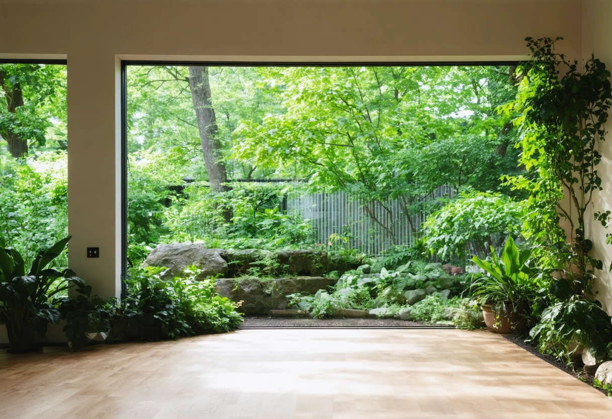 Eco-friendly high-impact windows in a modern home, surrounded by greenery, sunny day, focus on energy
