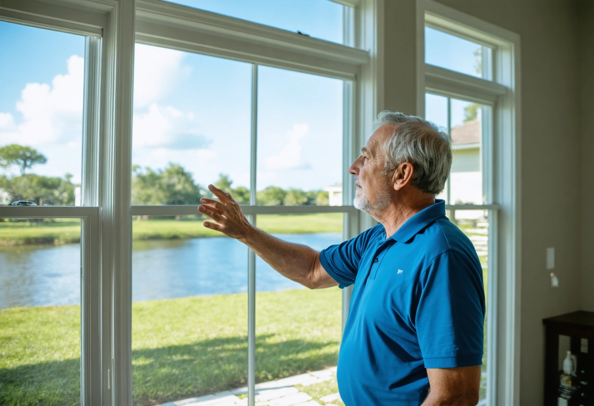 Homeowner admiring energy-efficient windows in modern Florida home