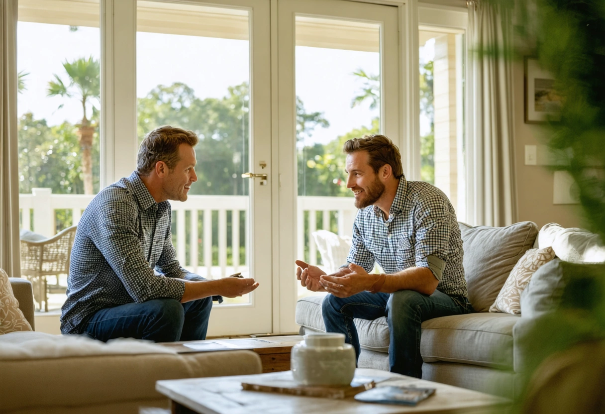 Homeowner and professional discussing window installation in sunny Florida living room