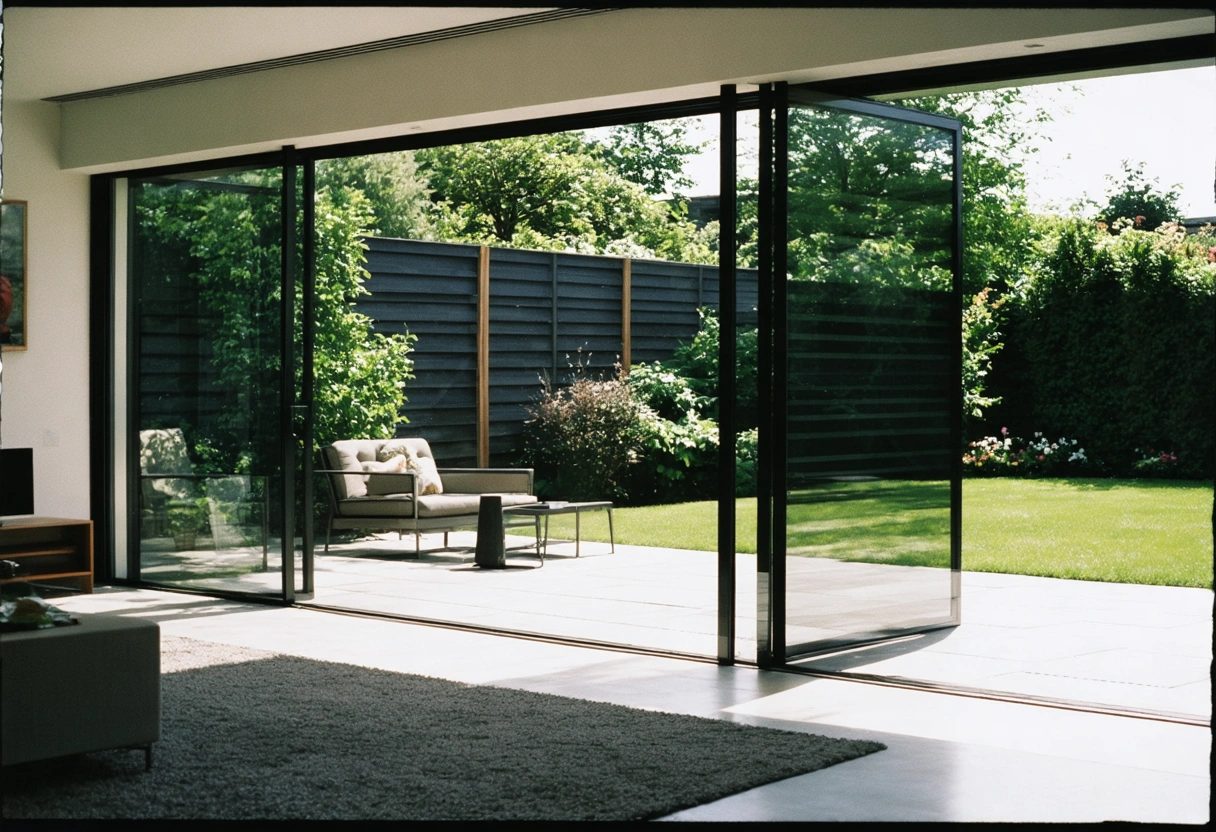 Multi-panel sliding glass doors in contemporary home, lush garden outside, sleek design