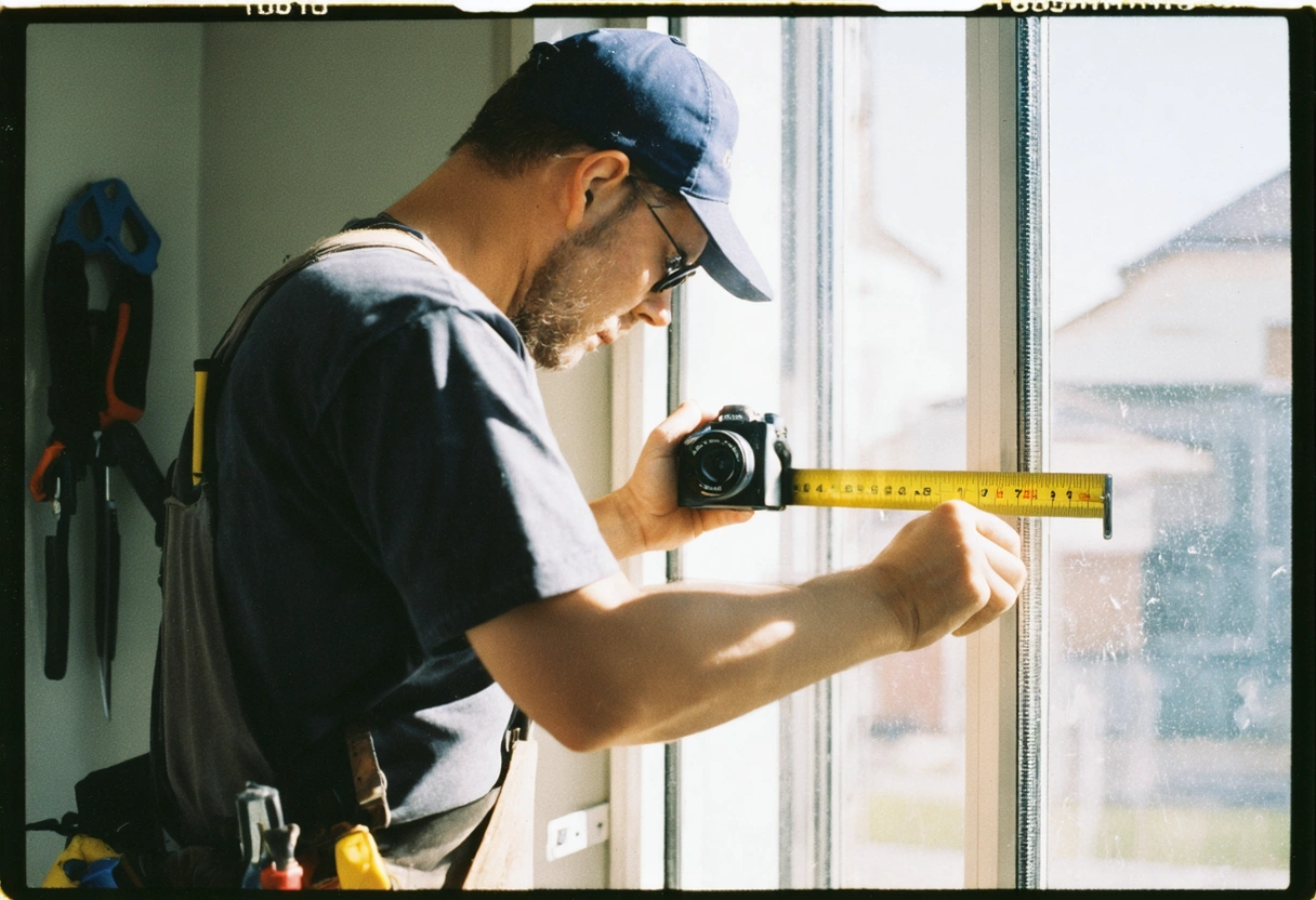 Professional installer measuring sliding glass door frame, tools in hand, focused expression