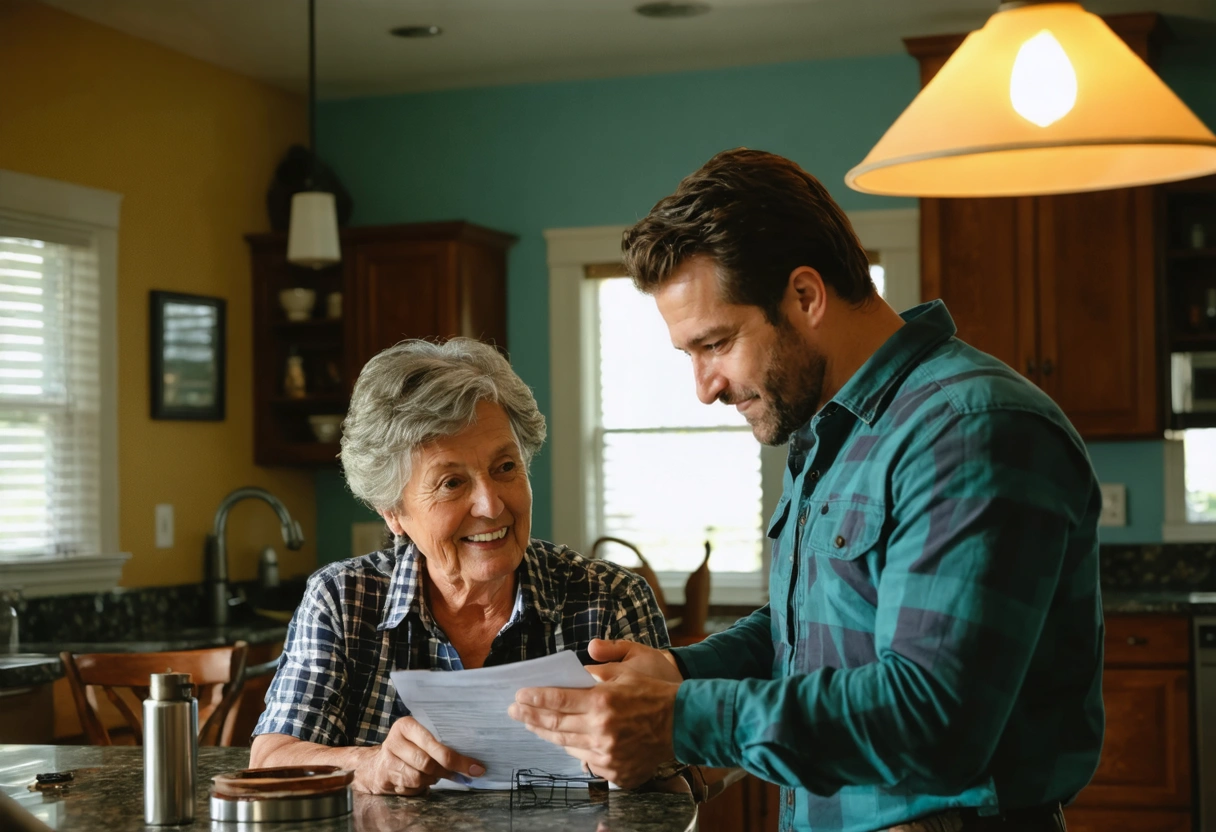 Technician advising homeowner on window maintenance in cozy Florida home