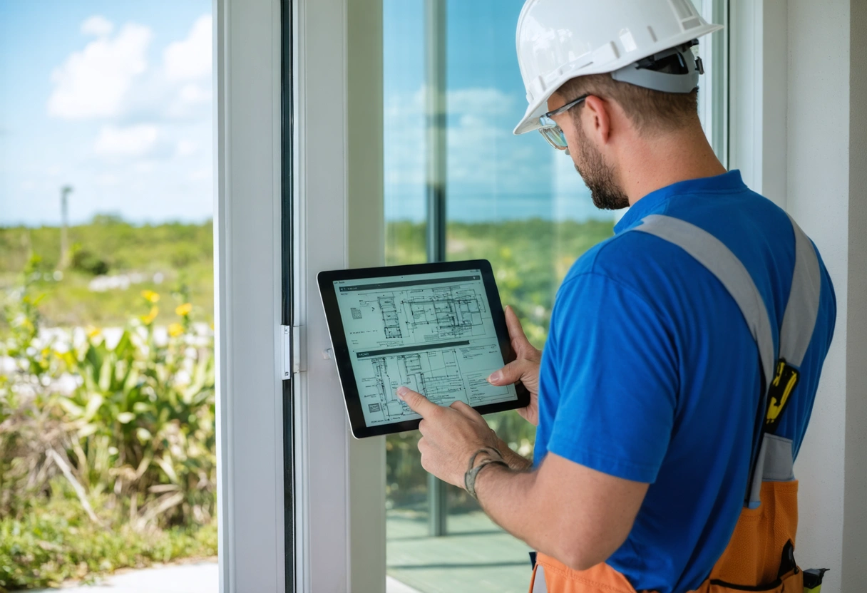 A contractor reviewing building codes on a tablet while installing a sliding glass door in