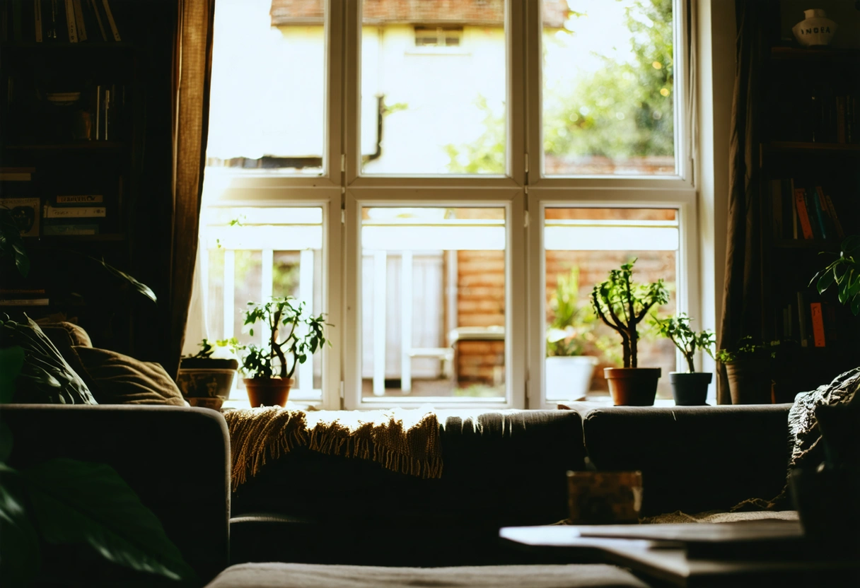 Cozy living room with sunlight streaming through energy efficient windows