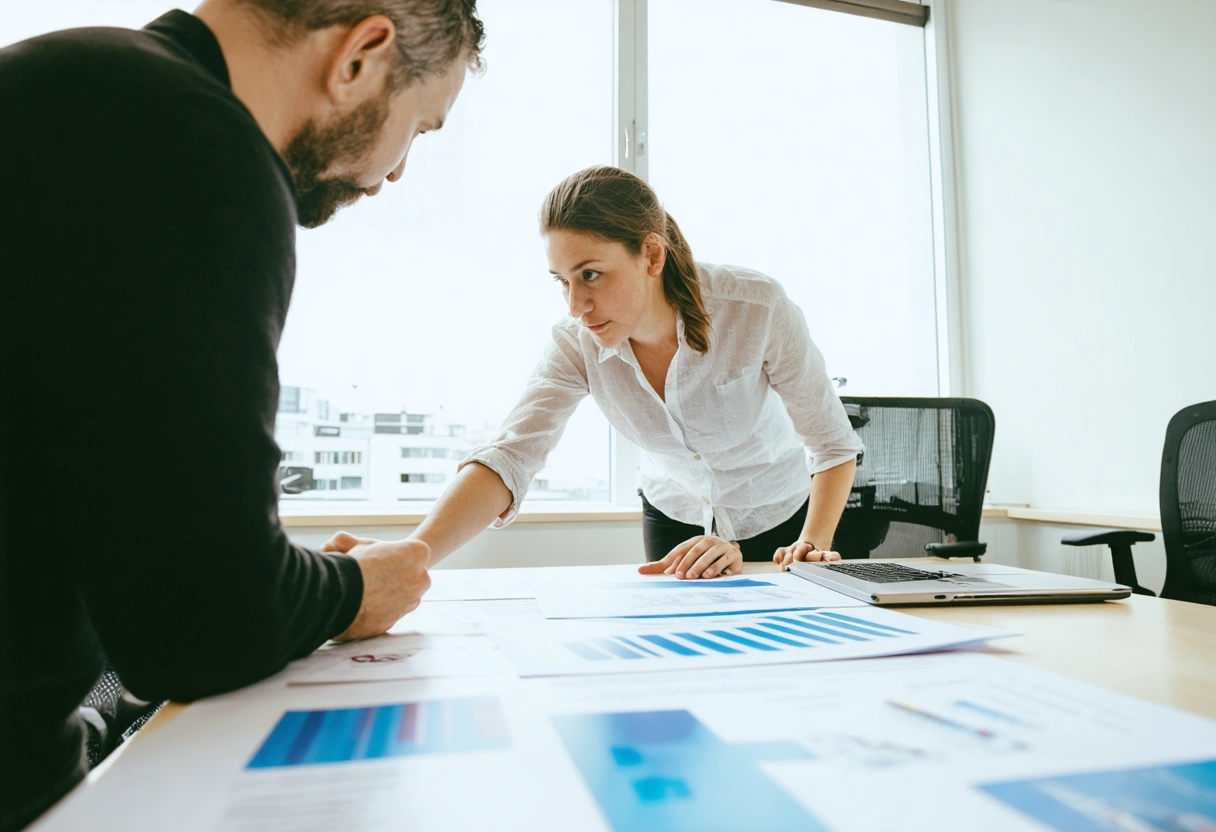 A customer discusses warranty terms with a window installer in a bright office, papers and