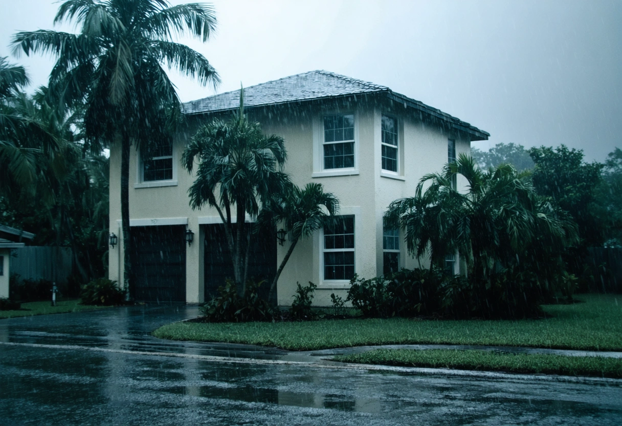 Florida home with impact-resistant windows amidst stormy skies and swaying palm trees.